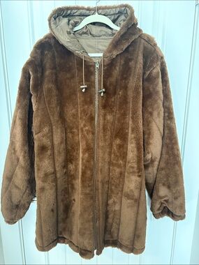 Woman Within 2X Brown Faux Fur Hooded Coat Plus Size Plush